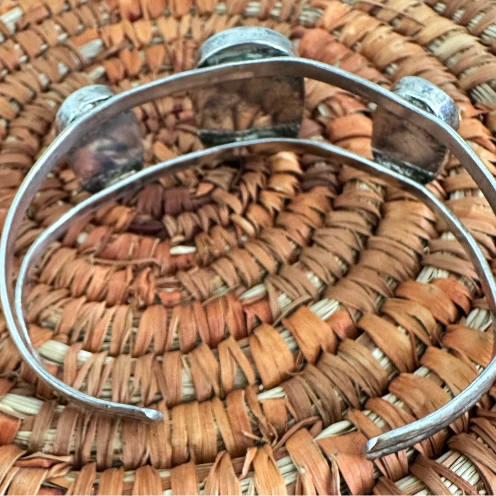 Native Bracelet with 3 Stones of Turquoise and Red Coral Sterling Silver Cuff - Picture 7 of 11